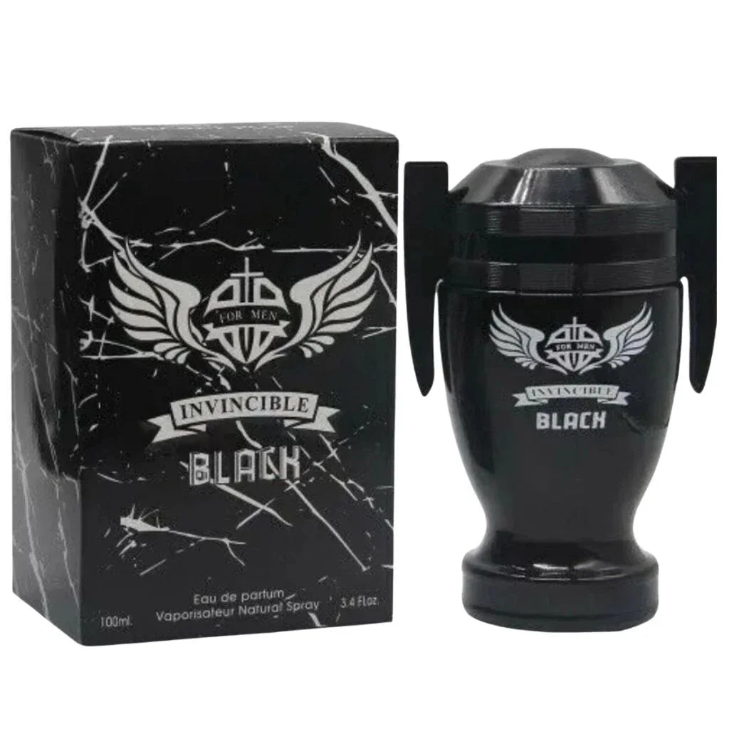 Invincible Black Eau De Parfum 100ml black trophy bottle by Secret Plus displayed next to its premium marble-patterned black designer box.