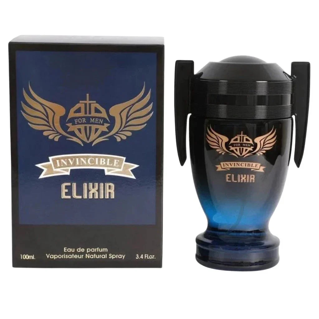 Invincible Elixir Eau de Parfum 3.4 fl oz deep blue trophy-shaped bottle with rose gold wing accents standing next to its premium navy blue presentation box.