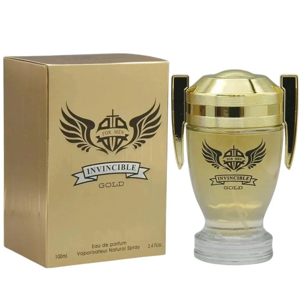 Invincible Gold Eau De Parfum 100ml trophy bottle by Secret Plus displayed next to its premium metallic gold designer presentation box.