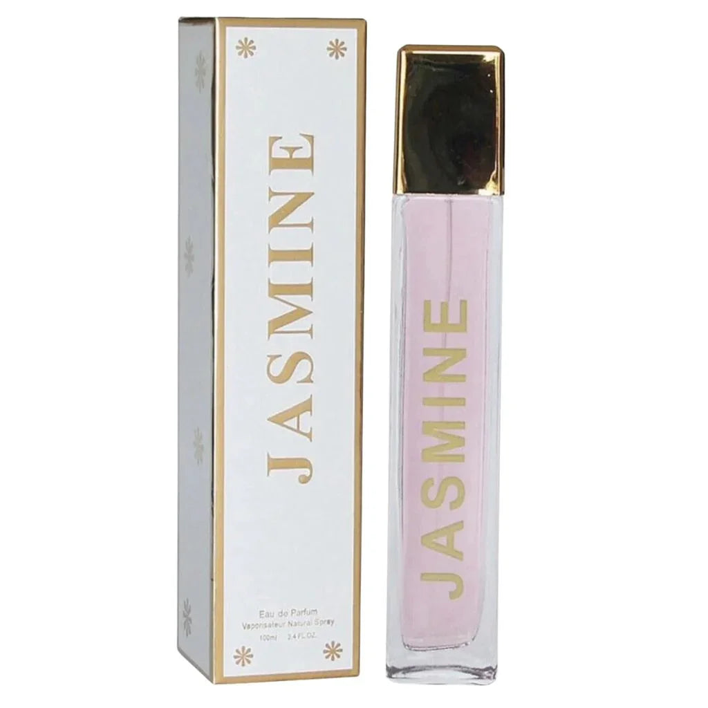 Jasmine 100ml Eau de Parfum in a tall slender glass bottle with a gold cap next to its white and gold retail box.