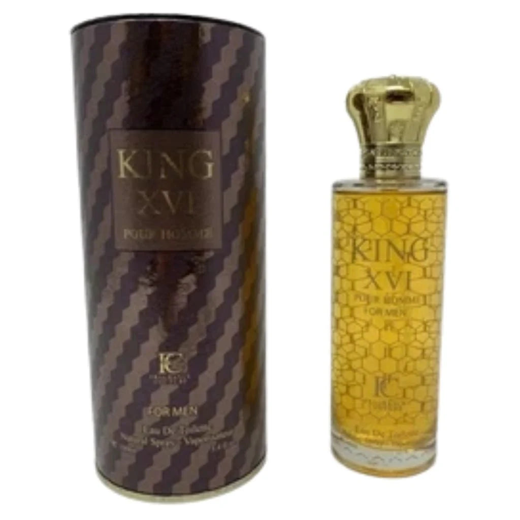 KING XVI for Men in a 100ml golden honeycomb patterned bottle with a crown cap next to its premium brown and gold cylinder box.