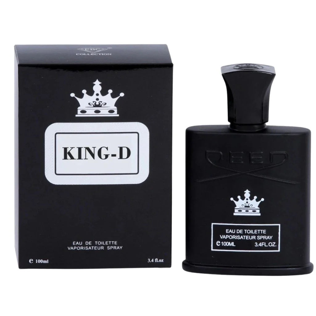 King-D Black for Men in a 100ml matte black bottle with a silver crown crest next to its matching black and white retail box.