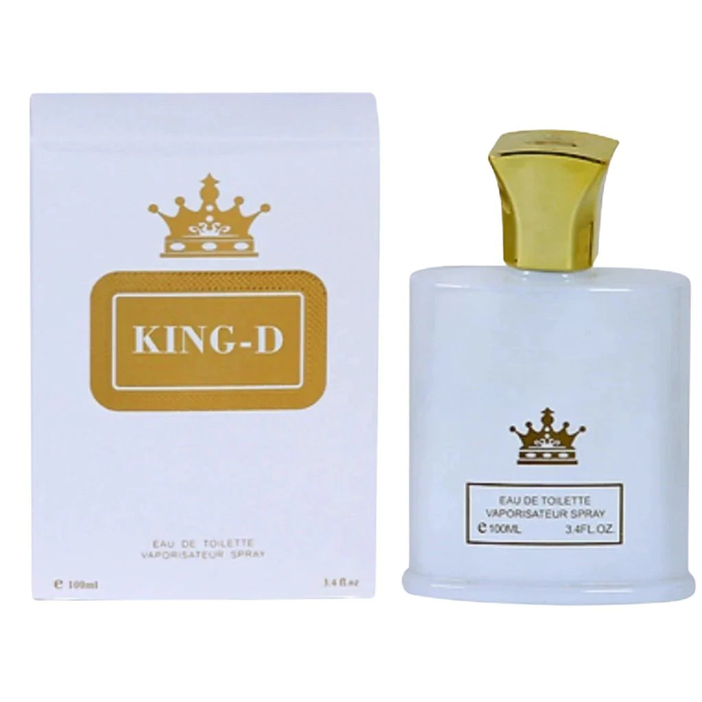 King-D White unisex fragrance in a 100ml white bottle with gold crown crest and cap next to its matching white and gold box.