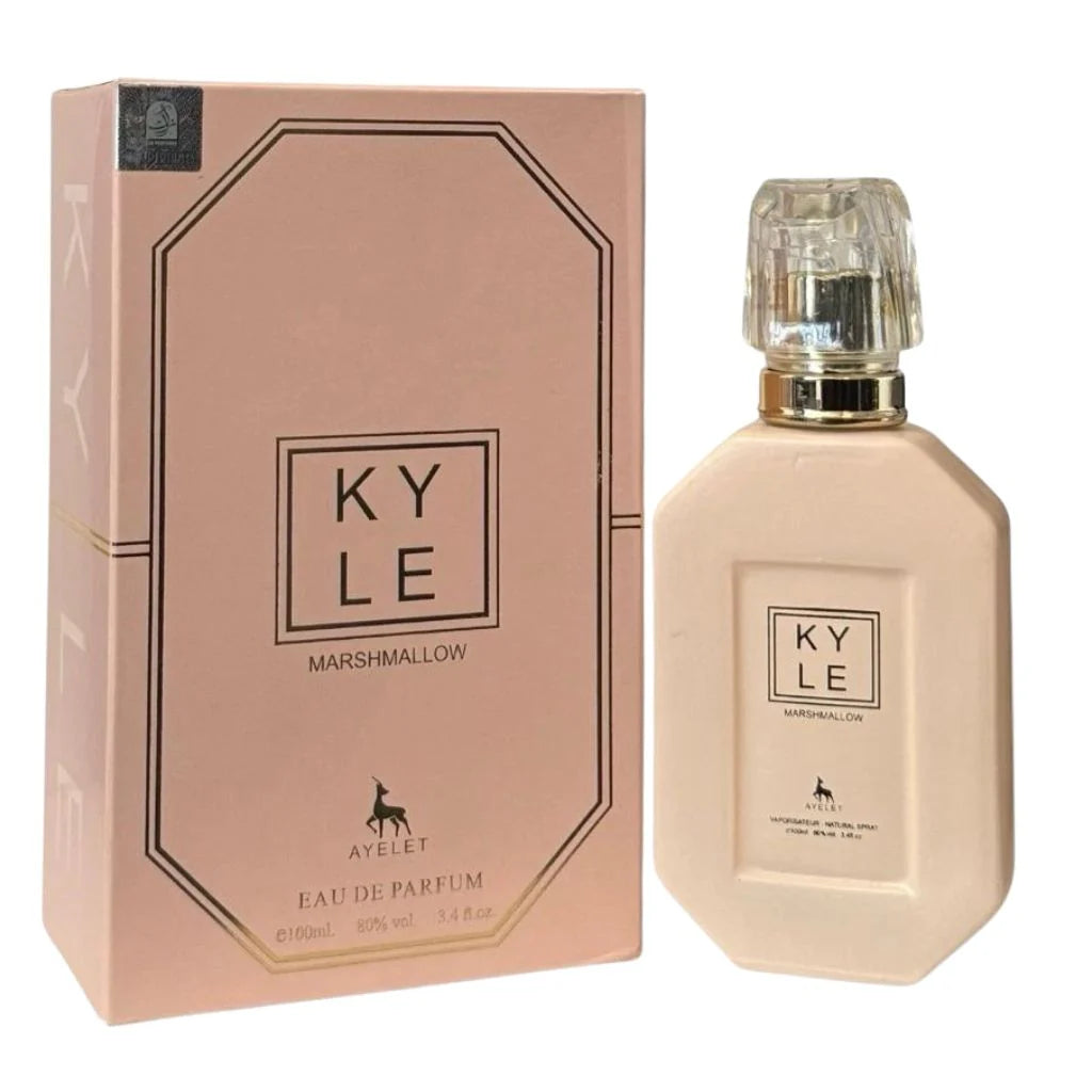 Kyle Marshmallow 100ml Eau de Parfum in a matte peach octagonal bottle next to its matching peach and gold retail box.