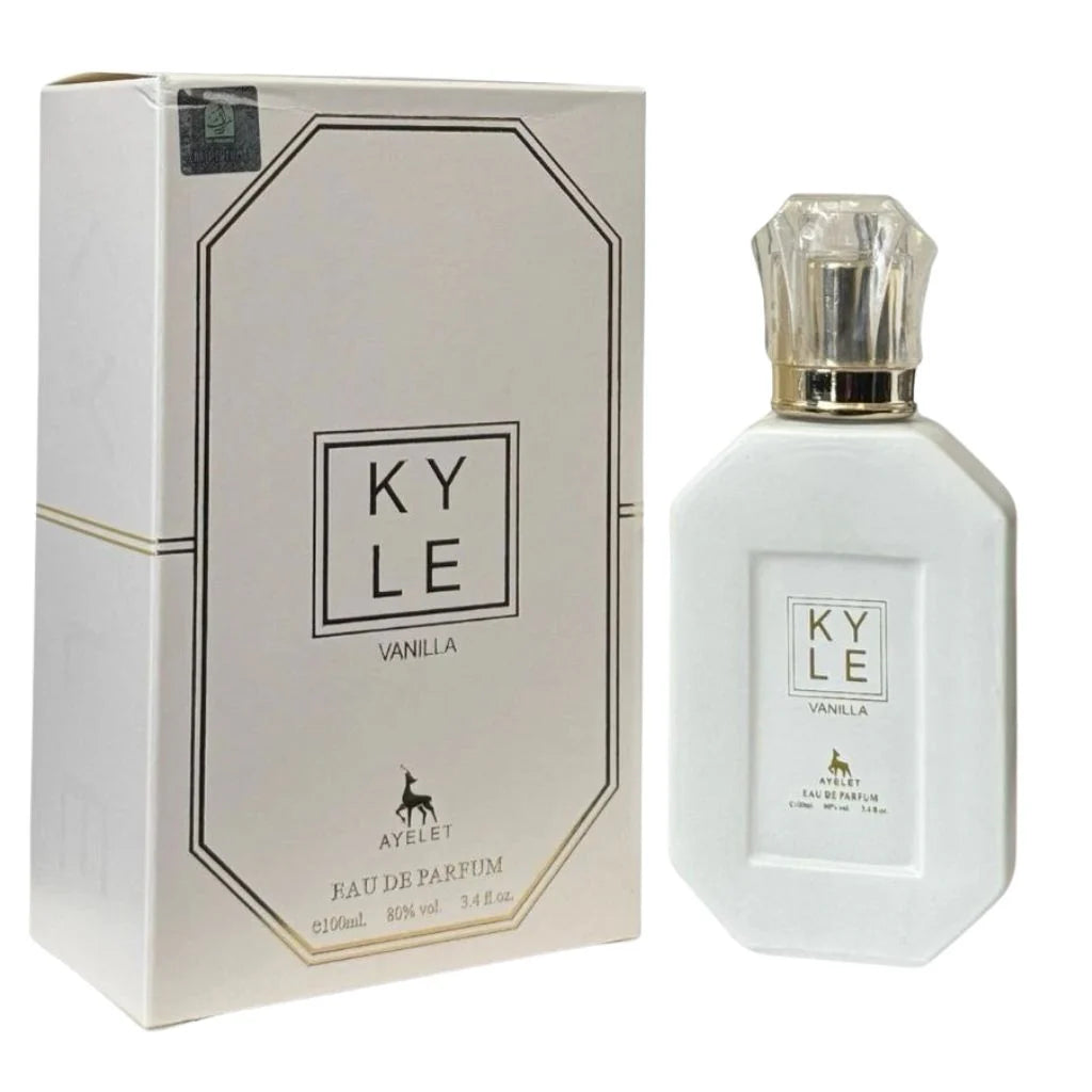 Kyle Vanilla 100ml Eau de Parfum in a matte white octagonal bottle next to its matching white and gold retail box.