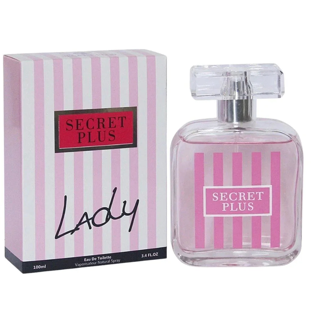Lady 100ml Eau de Parfum in a clear rectangular bottle with pink stripes next to its matching pink and white striped retail box.
