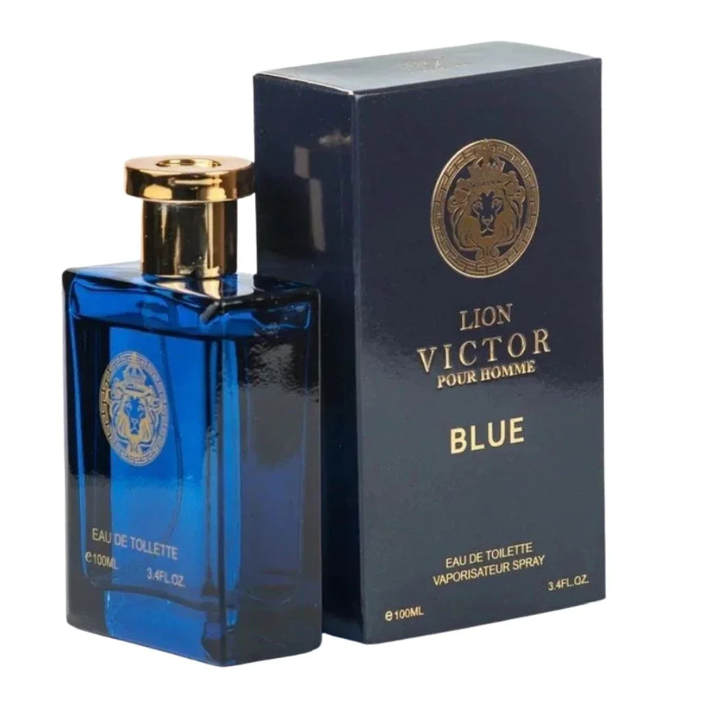 Lion Victor Blue Eau De Toilette 100ml men's cologne spray bottle in deep sapphire blue with gold cap next to its navy and gold retail packaging box.