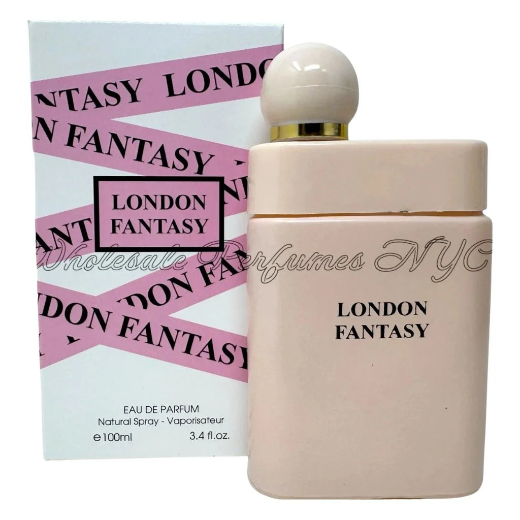 London Fantasy for Women 100ml Eau de Parfum in a matte peach bottle with a round cap next to its white and pink branded box.