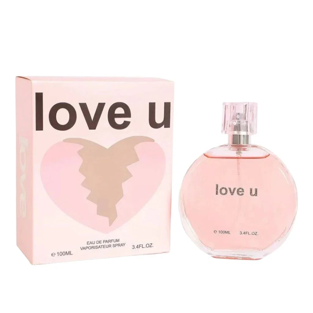 Love U 100ml Eau de Parfum in a round pink bottle next to its matching pink retail box with a heart design.