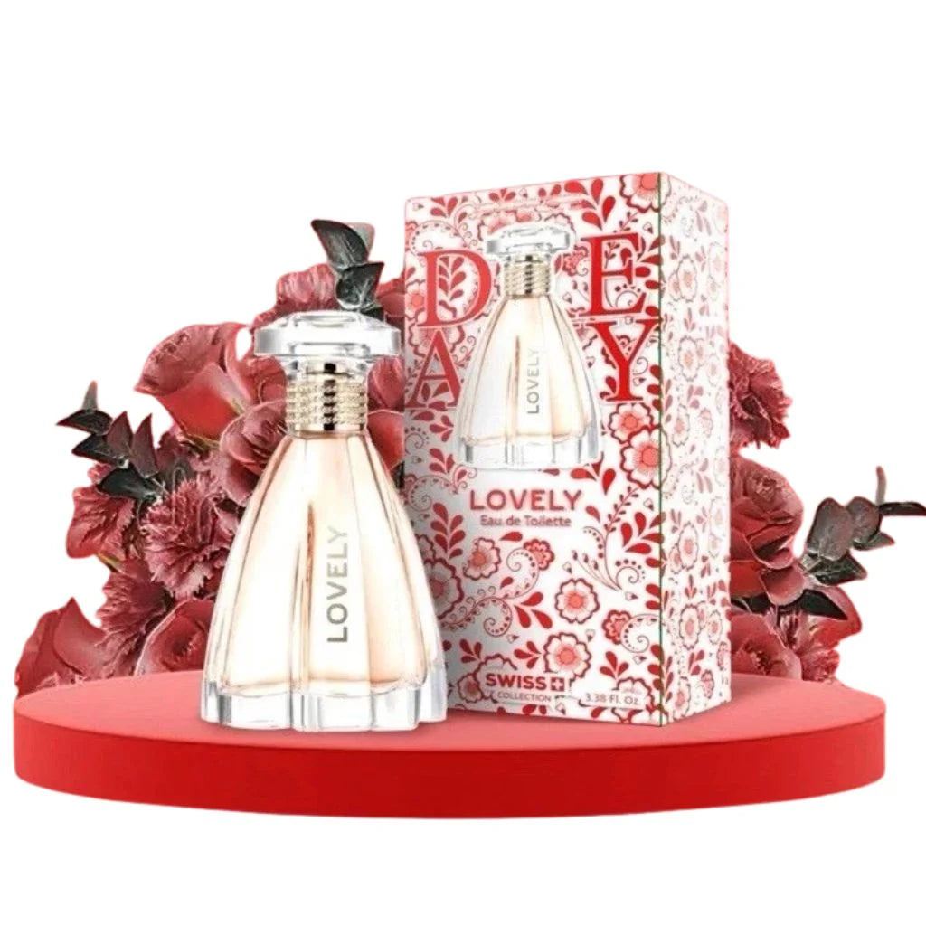 Lovely by Swiss Collection 100ml Eau de Toilette in a contoured glass bottle next to its vibrant red and white floral patterned box.