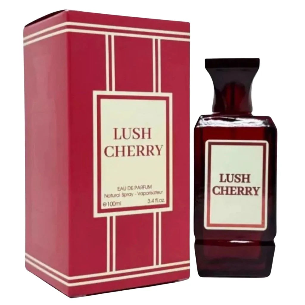 Lush Cherry for Women 100ml Eau de Parfum in a deep red rectangular bottle next to its matching red and white retail box.