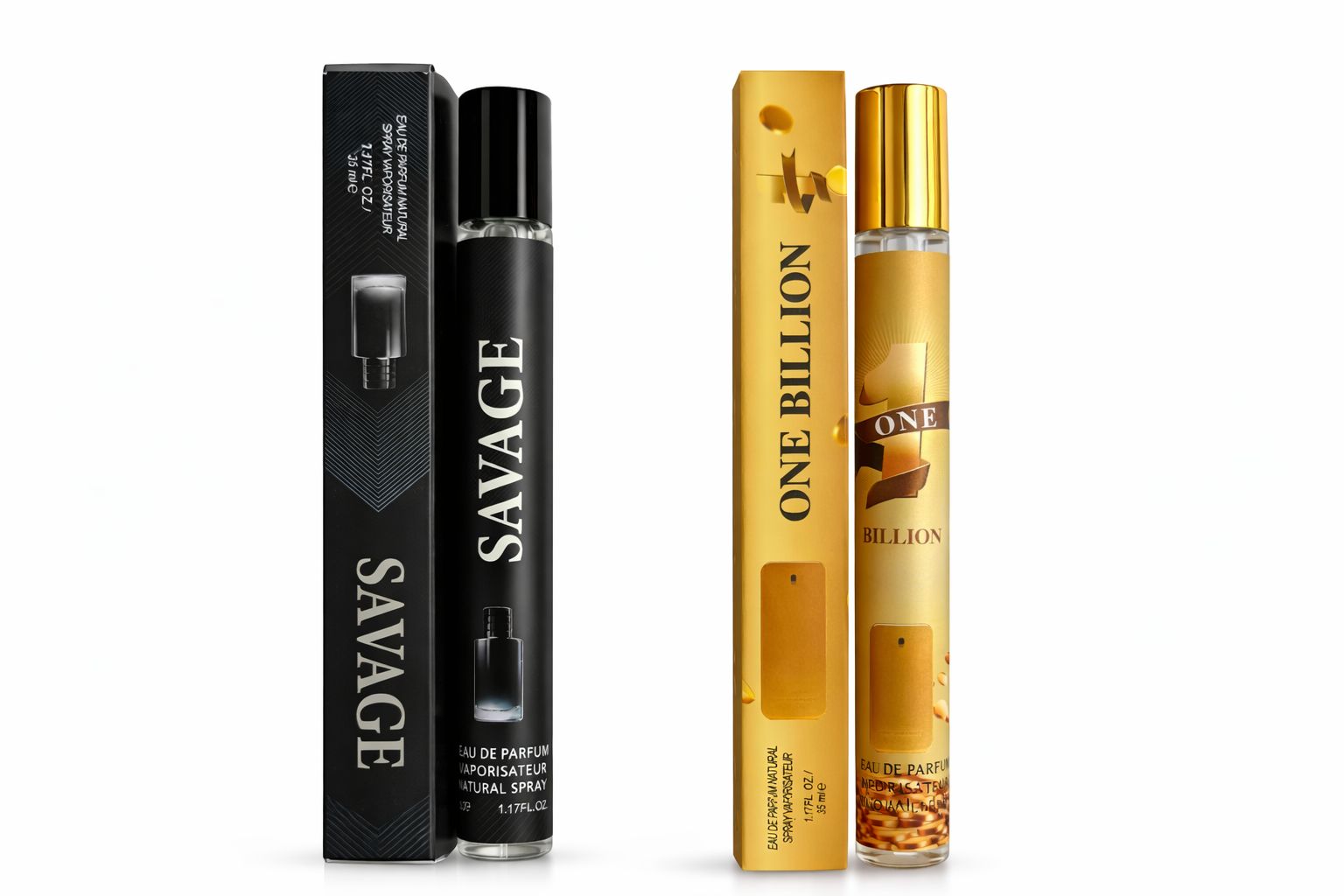 Luxury Men’s Eau de Parfum Travel Spray Set featuring 35ml Savage in black packaging and One Billion in gold packaging alongside their matching premium gift boxes.