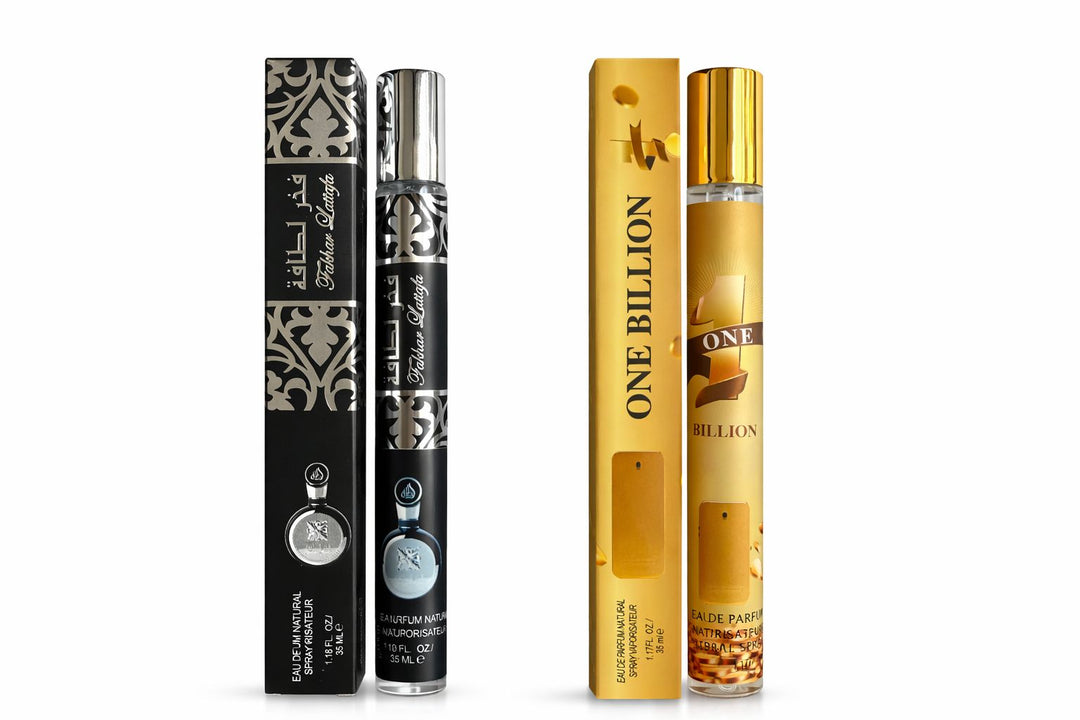 Luxury Men’s Eau de Parfum Travel Spray Set showcasing 35ml Fakhar in silver-patterned black packaging and One Billion in gold packaging alongside matching luxury gift boxe