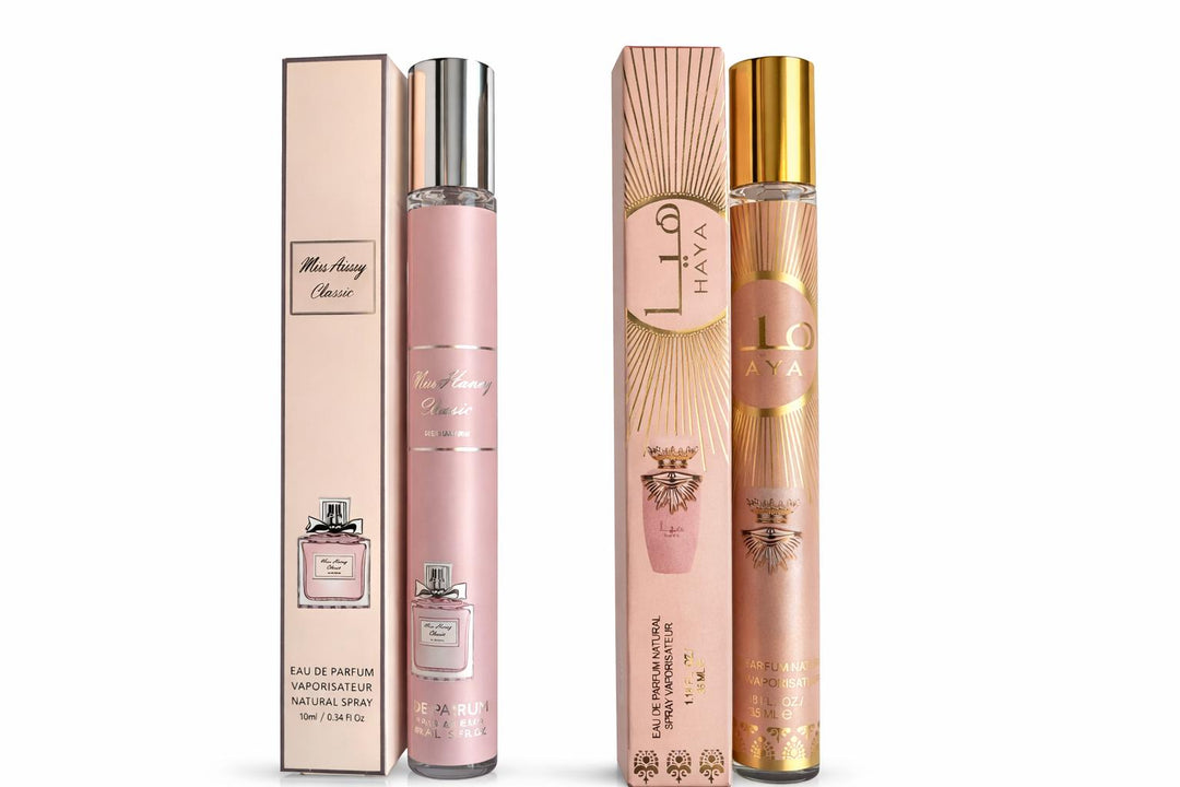 Luxury Women’s Eau de Parfum Spray Set showing two 35ml travel perfume bottles in pink and gold packaging next to their matching luxury boxes