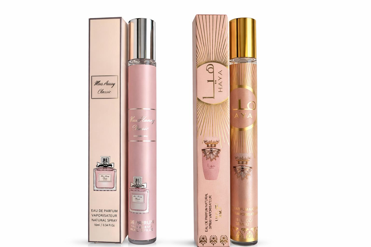 Luxury Women’s Eau de Parfum Spray Set showing two 35ml travel perfume bottles in pink and gold packaging next to their matching luxury boxes