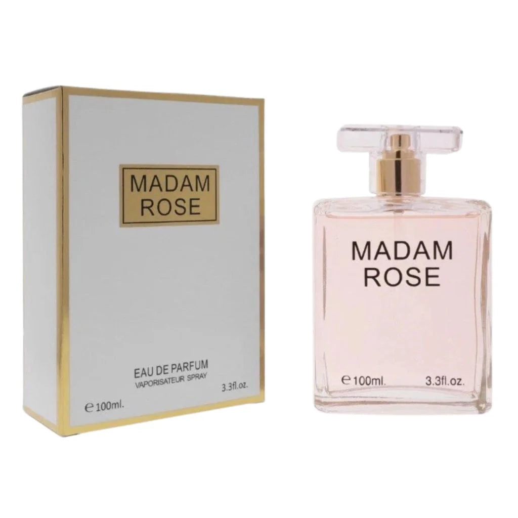 Madam Rose 100ml Eau de Parfum in a minimalist clear glass bottle with gold accents next to its elegant white and gold box.