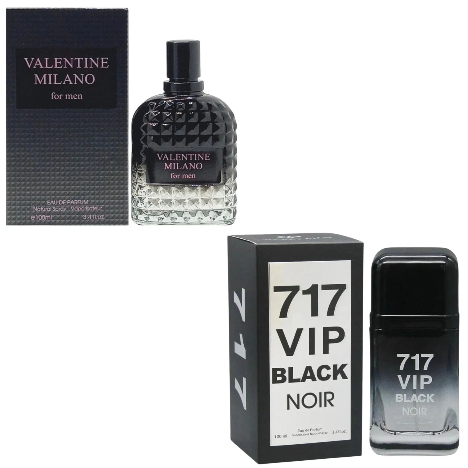 Men's Cologne 2-Pack featuring Milano Men in a black textured bottle and 717 VIP Black Noir in a sleek black and silver-gradient bottle.