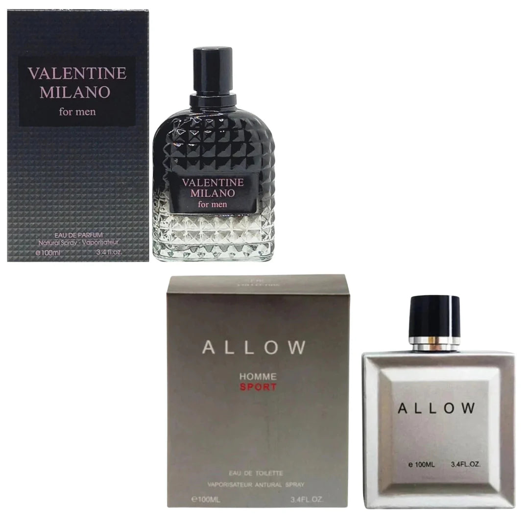 Men's Cologne 2-Pack featuring Milano Men in a black textured bottle and Allow Homme Sport in a sleek silver-toned square bottle.
