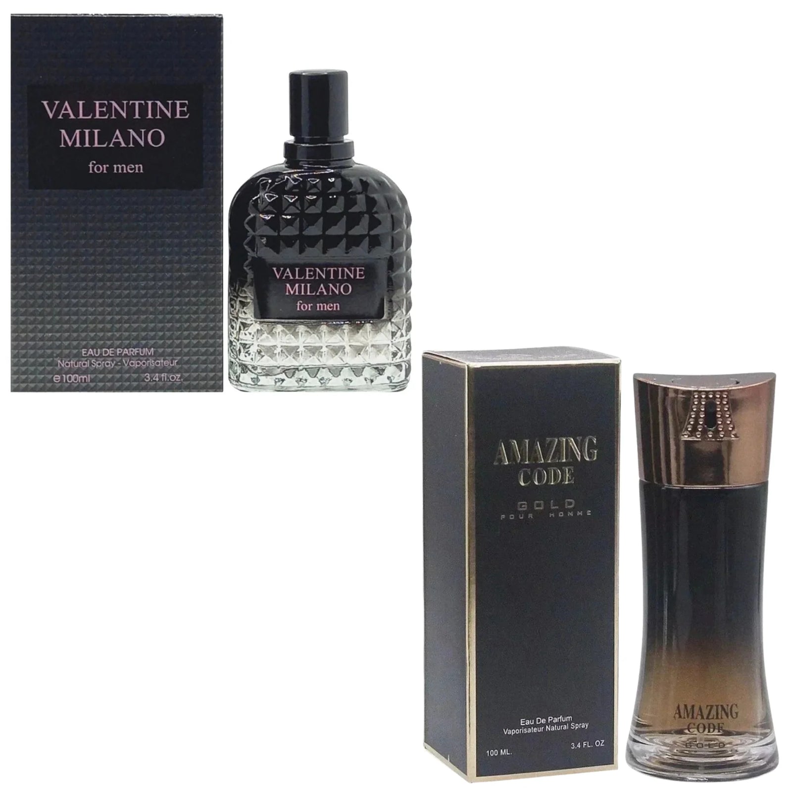 Men's Cologne 2-Pack featuring Milano Men in a black textured bottle and Amazing Code in a gradient dark glass bottle.