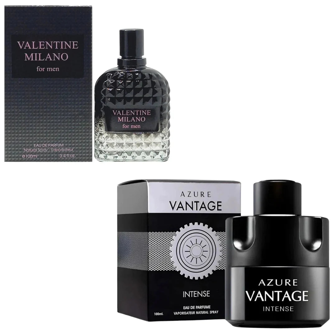 Men's Cologne 2-Pack featuring Milano Men in a black textured bottle and Azure Vantage Intense in a sleek black and silver-accented bottle.