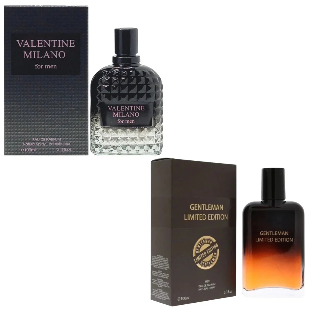 Men's Cologne 2-Pack featuring Milano Men in a black textured bottle and Gentleman Limited Edition in a sleek black bottle with a warm amber-to-black gradient base.