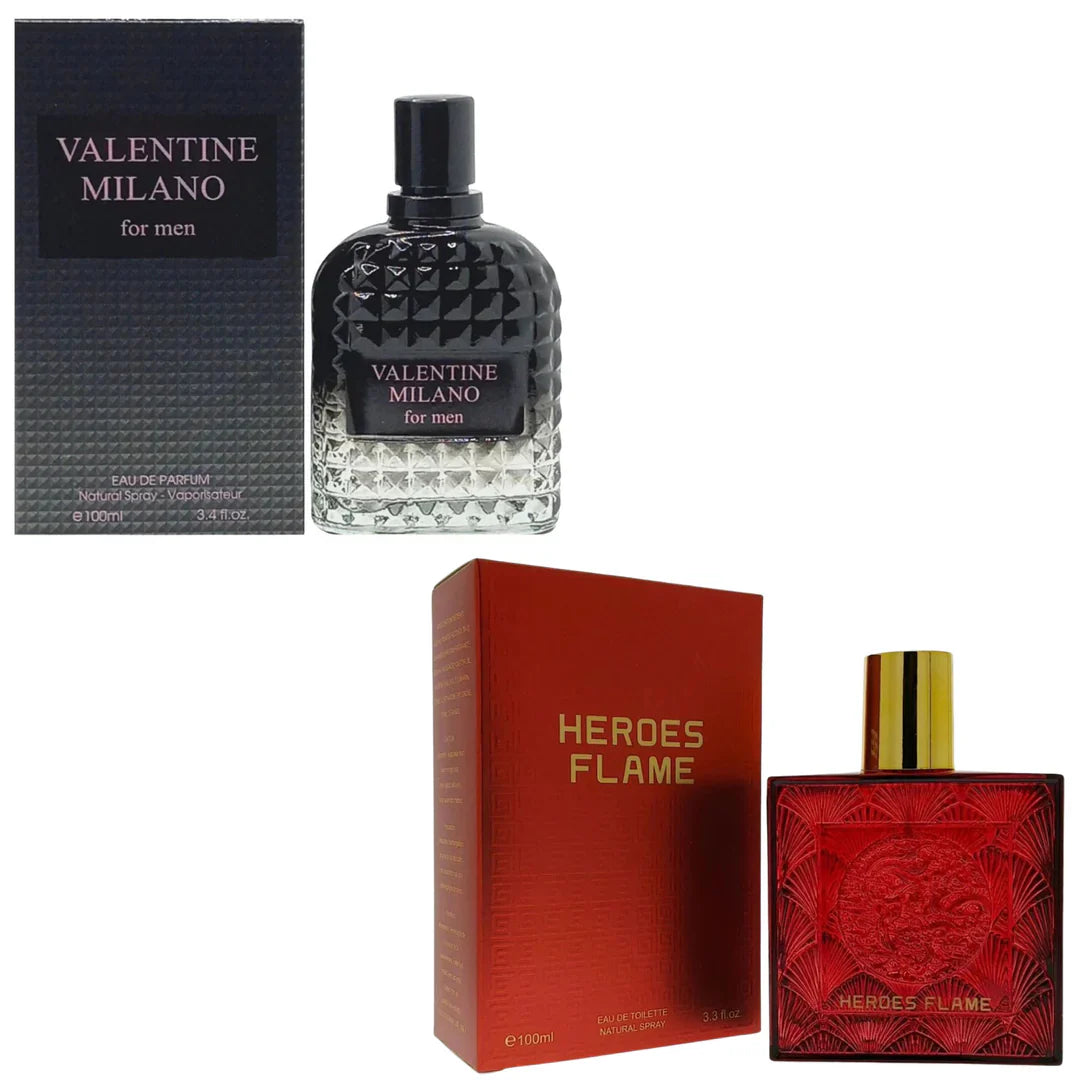 Men's Cologne 2-Pack featuring Milano Men in a black textured bottle and Heroes Flame in a vibrant red textured glass bottle.