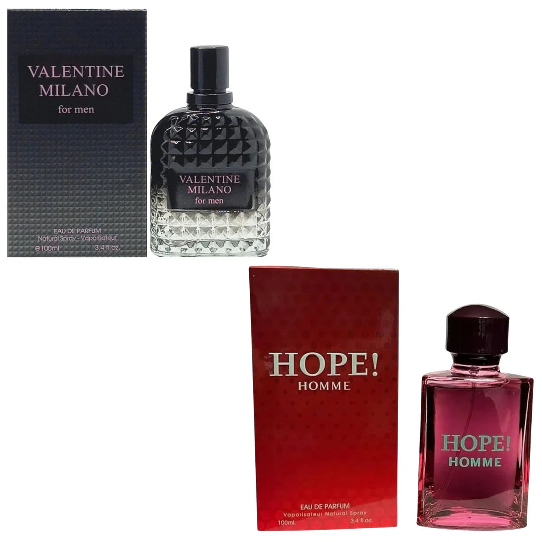 Men's Cologne 2-Pack featuring Milano Men in a black textured bottle and Hope Homme in a sleek magenta-tinted glass bottle.