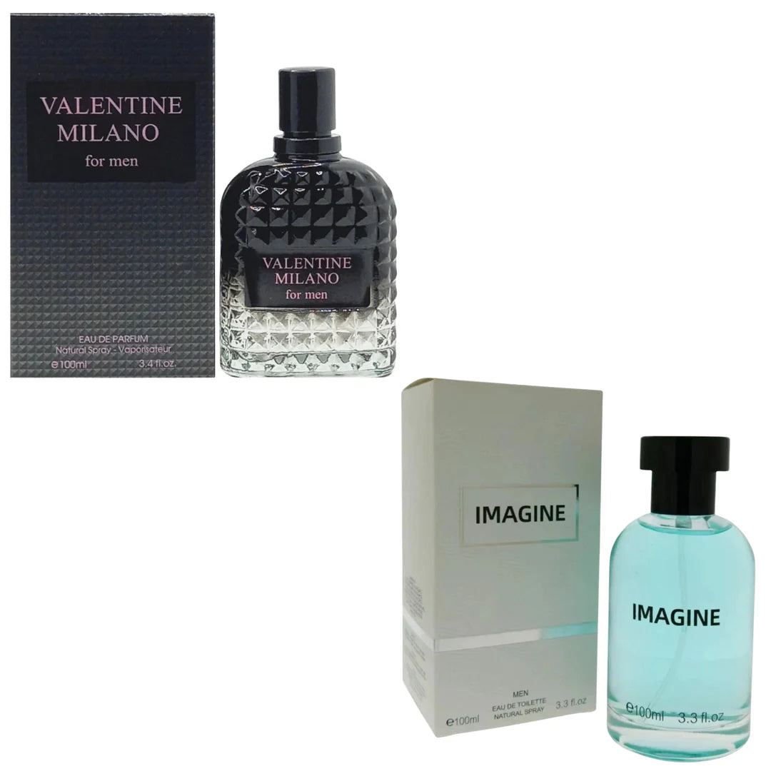 Men's Cologne 2-Pack featuring Milano Men in a black textured bottle and Imagine in a clear bottle with light blue fragrance.