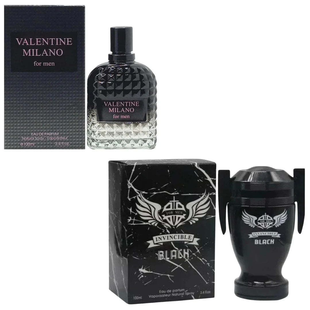 Men's Cologne 2-Pack featuring Milano Men in a black textured bottle and Invincible Black in a black trophy-shaped bottle.