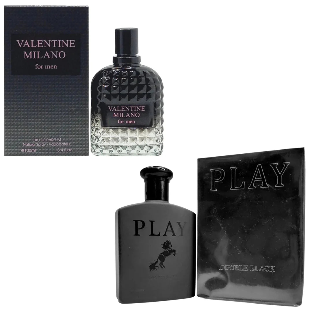 Men's Cologne 2-Pack featuring Milano Men in a black textured bottle and Play Double Black in a matte black bottle featuring a horse logo.