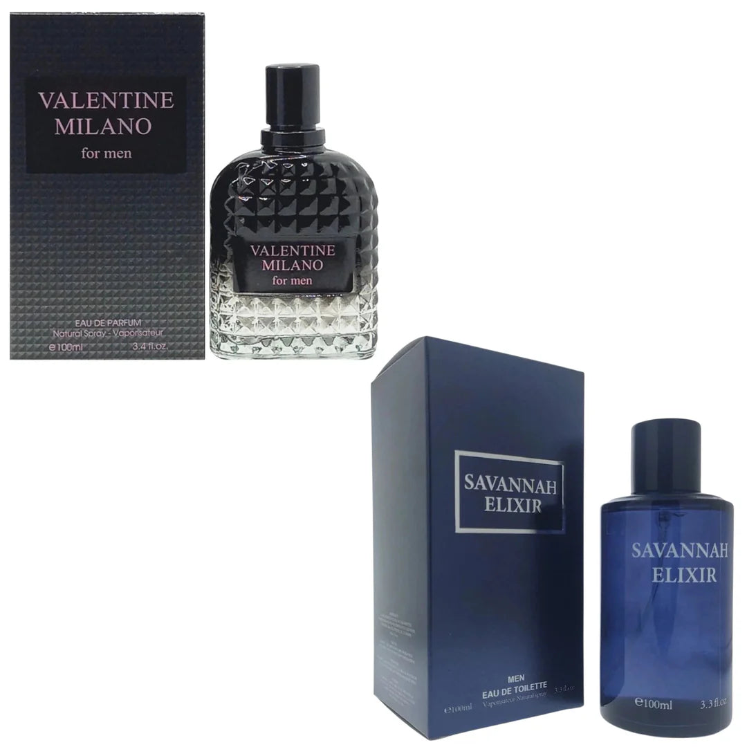 Men's Cologne 2-Pack featuring Milano Men in a black textured bottle and Savannah Elixir in a deep blue cylindrical bottle.