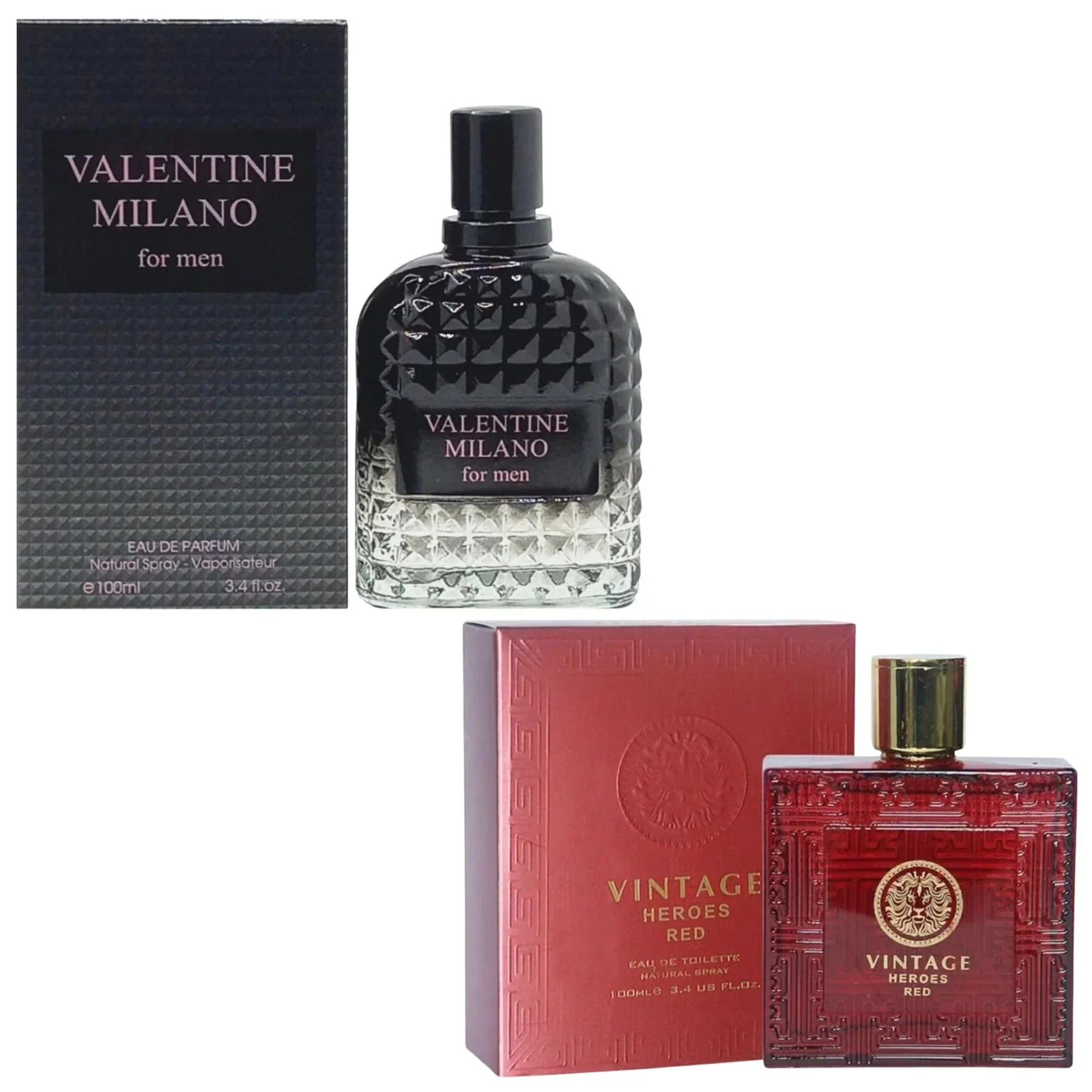 Men's Cologne 2 Pack Set showing the black studded Valentine Milano bottle and ruby red Vintage Heroes Red bottle beside their retail boxes.