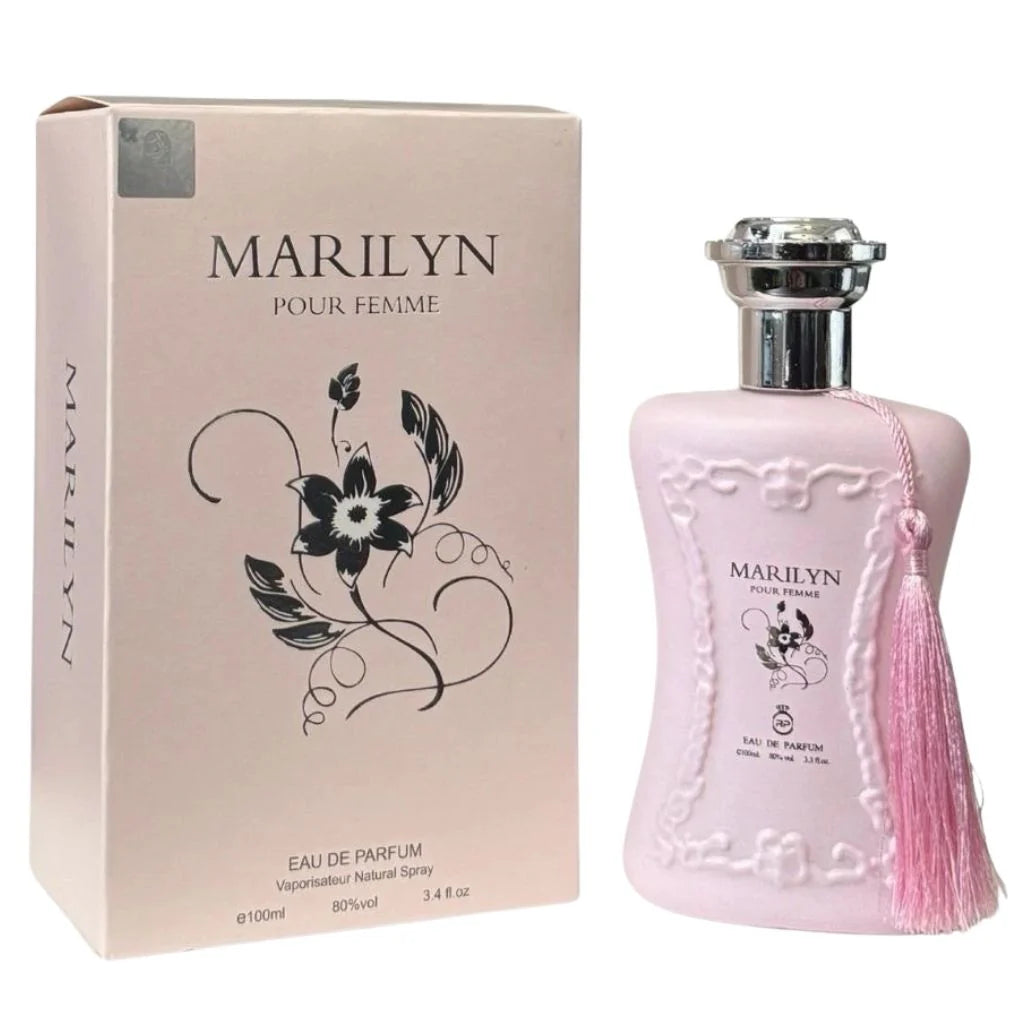 Merilyn Pour Femme 100ml Eau de Parfum in a textured pink bottle with a pink tassel next to its elegant beige box with a floral illustration.