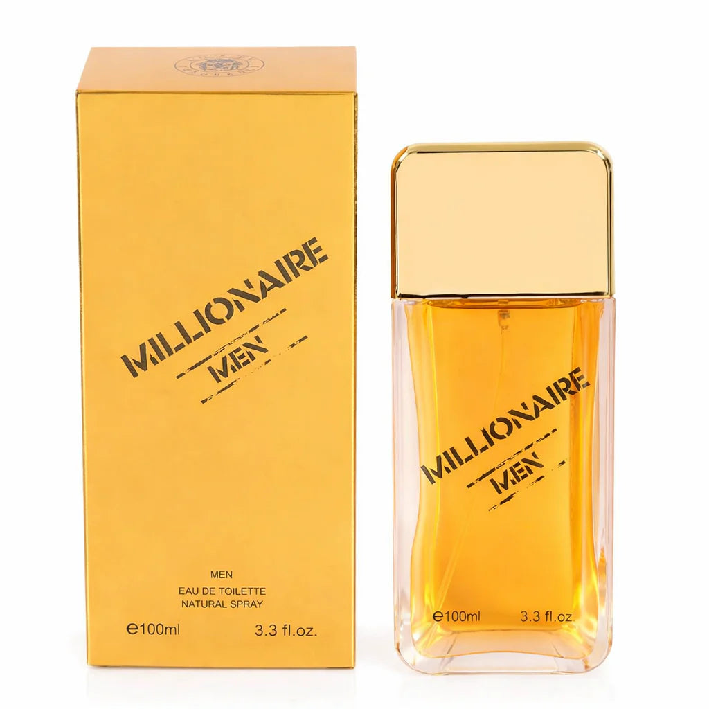 Millionaire Men 100ml Eau de Toilette bottle with a gold cap standing next to its matching gold-themed box.