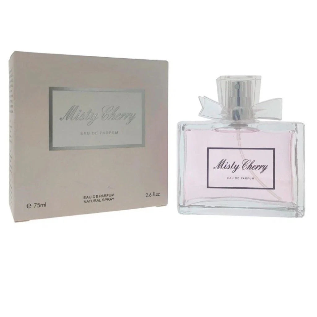 Misty Cherry 75ml Eau de Parfum in a clear glass bottle with a bow accent next to its elegant cream and silver box.