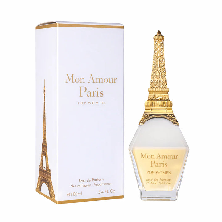 Mon Amour Paris 100ml Eau de Parfum in an Eiffel Tower-shaped bottle with a gold-toned cap, next to its white and gold premium box.