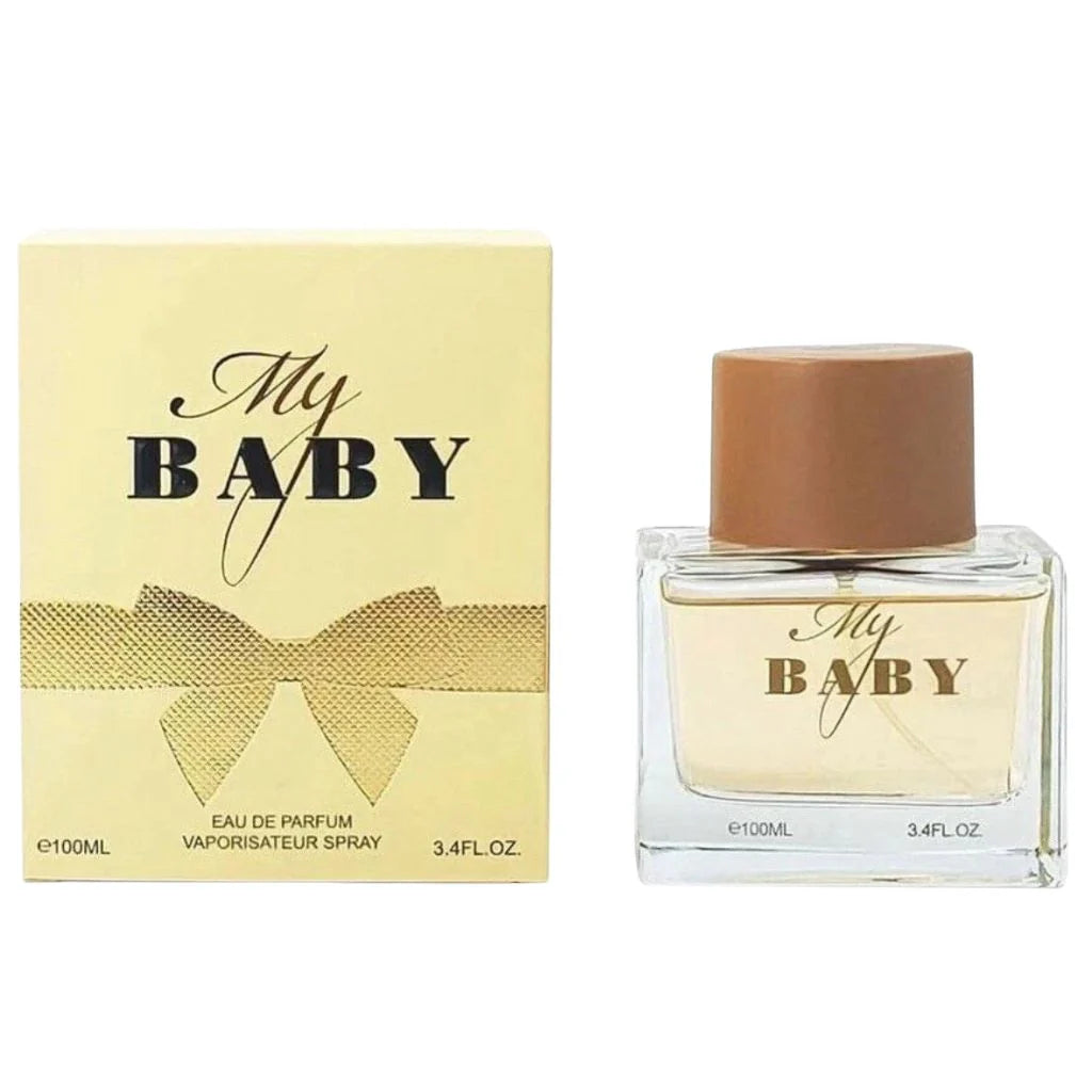 My Baby 100ml Eau de Parfum in a clear rectangular glass bottle with a brown cap next to its elegant gold box featuring a golden bow design.
