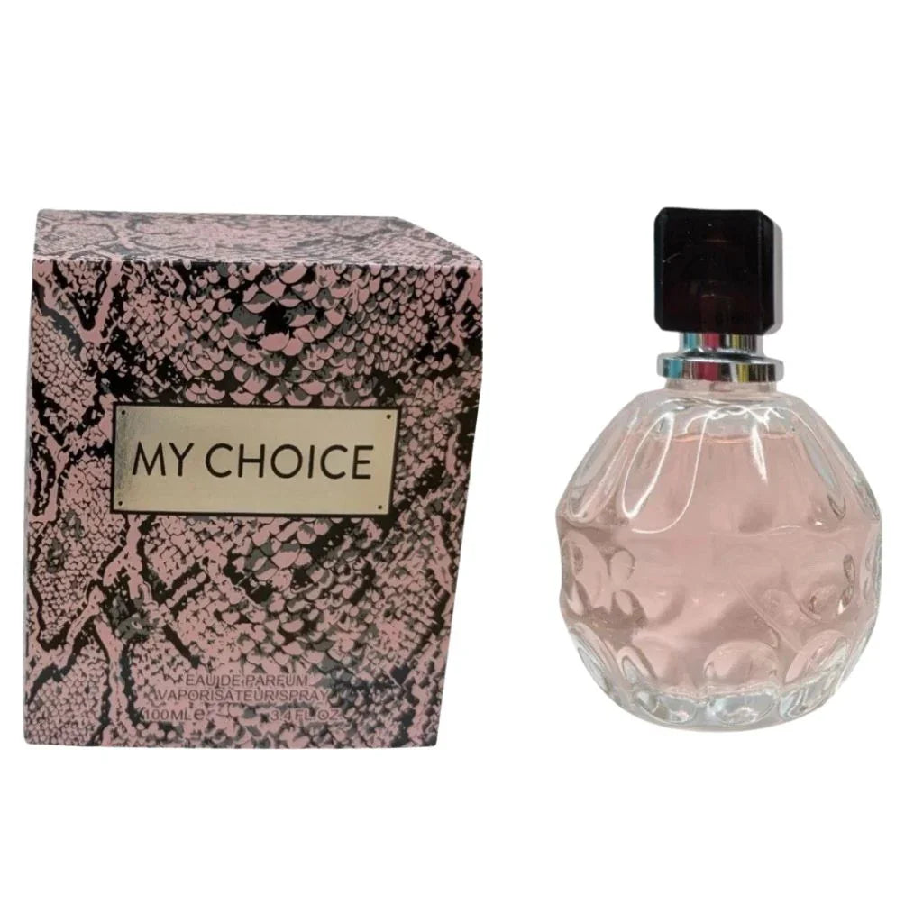 My Choice 100ml Eau de Parfum in a textured glass spherical bottle next to its pink and black snakeskin-patterned box.