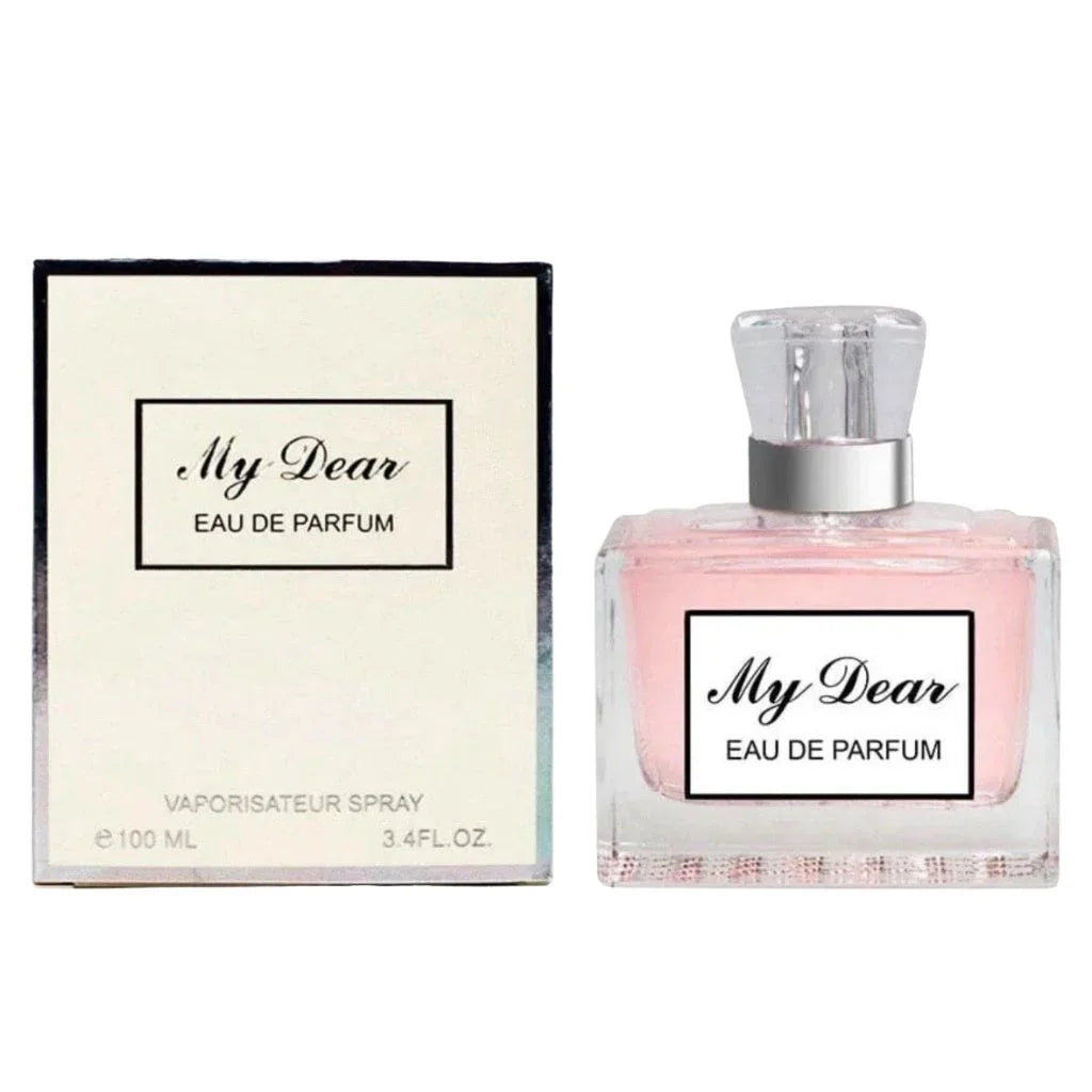 My Dear 100ml Eau de Parfum in a clear rectangular bottle with pink liquid next to its cream and black retail box.
