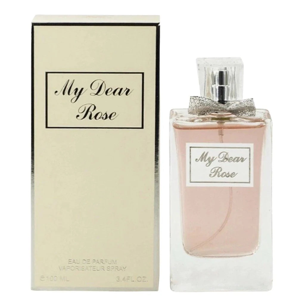 My Dear Rose 100ml Eau de Parfum in a clear rectangular bottle with a silver bow cap next to its elegant cream and gold retail box.