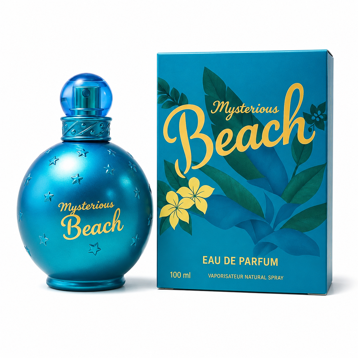 Mysterious Beach Eau de Parfum bottle and box, ocean-blue tropical design
