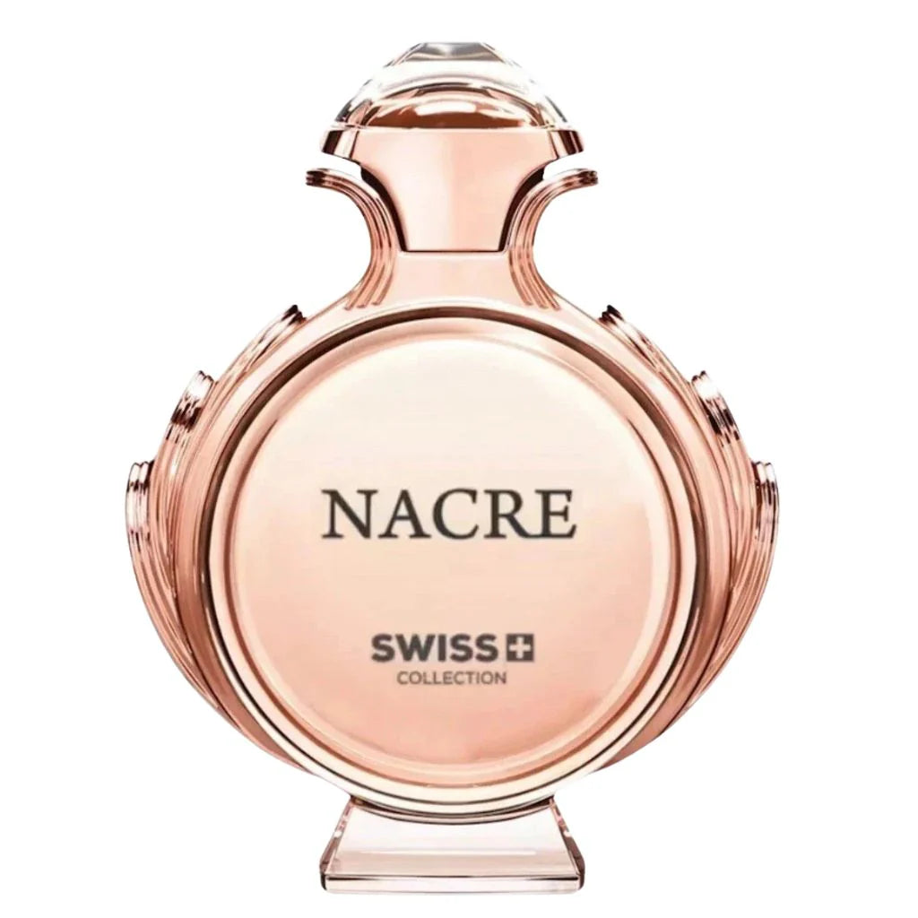 Nacre by Swiss Collection 100ml Eau de Toilette in a circular, ornate glass bottle with silver-toned decorative accents.