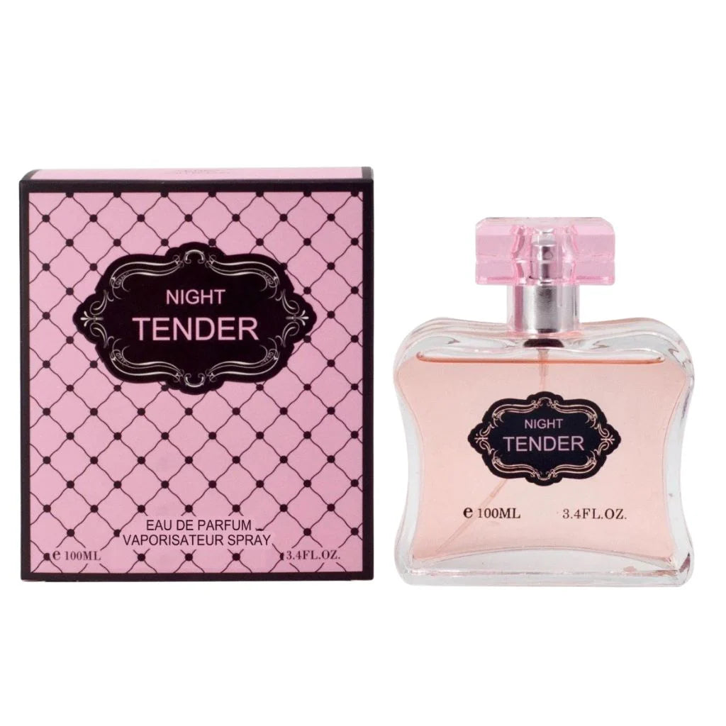 Night Tender 100ml Eau de Parfum uniquely curved bottle next to its pink and black quilted-pattern gift box.