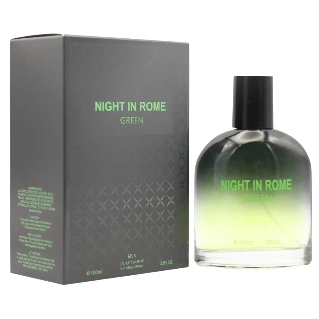 Night in Rome Green 100ml Eau de Toilette bottle with a gradient green glass finish next to its textured charcoal and green retail box.
