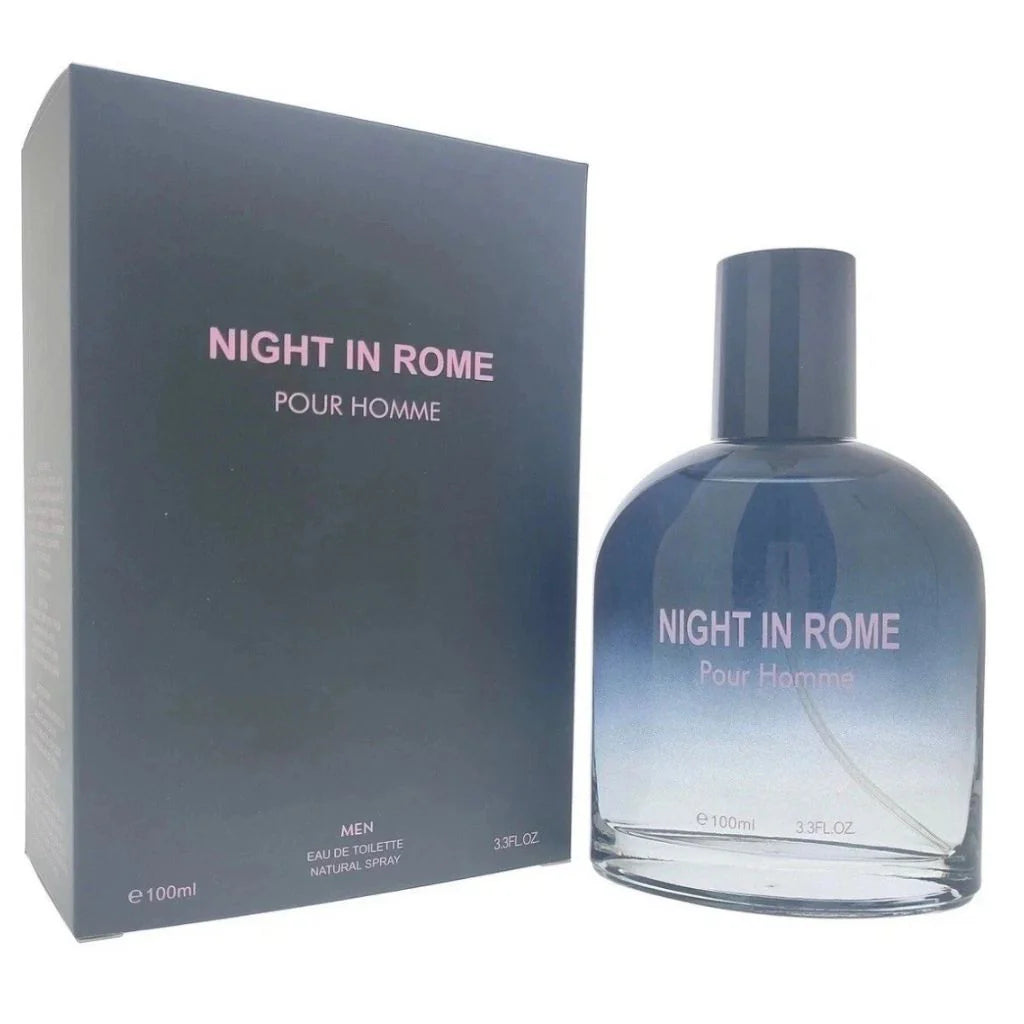 Night in Rome Pour Homme 100ml Eau de Toilette bottle next to its charcoal grey and pink retail box featuring aromatic and woody notes.
