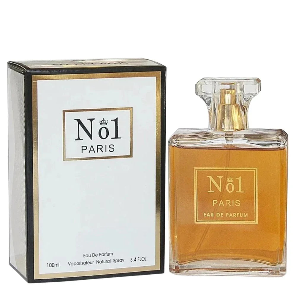 No.1 Paris 100ml Eau de Parfum in a clear rectangular glass bottle with a gold label next to its elegant white and gold-trimmed retail box.