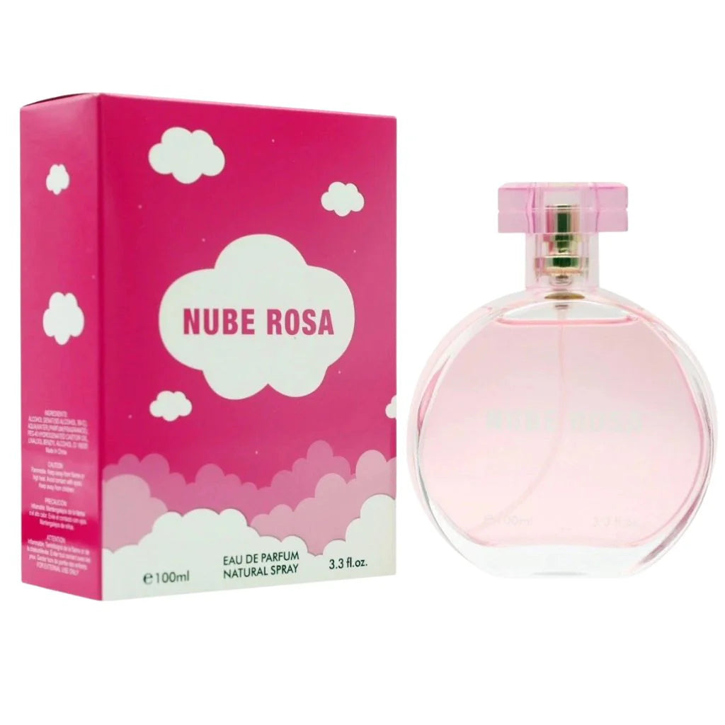 Nube Rosa 100ml Eau de Parfum in a round pink-tinted glass bottle next to its vibrant pink and white cloud-themed box.