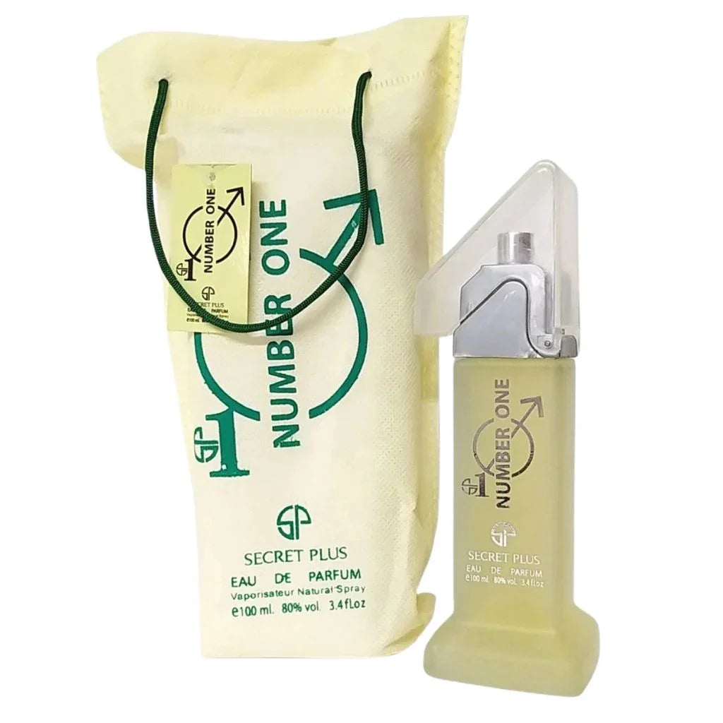 Number One Eau de Parfum 3.4 fl oz sculptural frosted bottle shown next to its unique cream and green canvas presentation pouch.