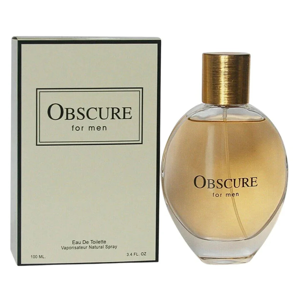 Obscure for Men by Secret Plus 100ml Eau de Toilette in a rounded amber glass bottle with a gold cap, shown next to its elegant minimalist box.