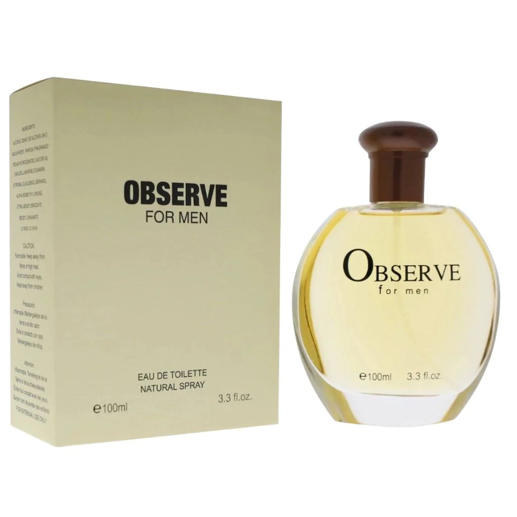 Observe for Men 100ml round glass bottle with gold-toned fragrance and olive-colored retail packaging.

